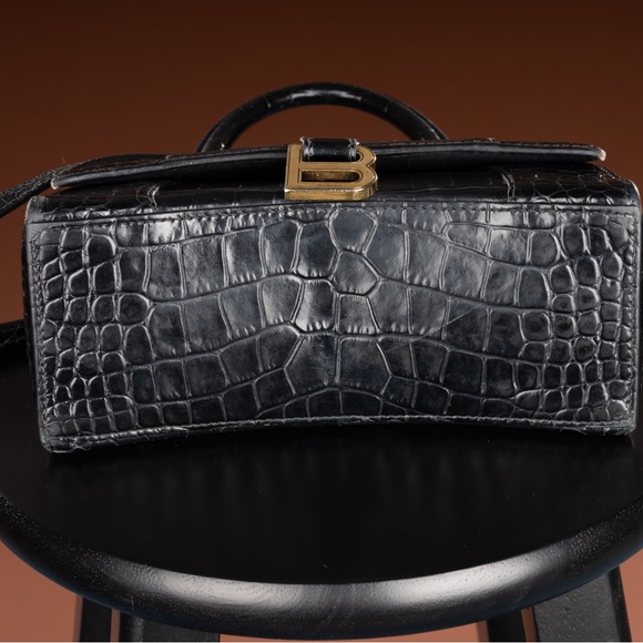 PRE-LOVED* BALENCIAGA HOURGLASS XS CROC EMBOSSED LEATHER TOP HANDLE SATCHEL - Picture 8 of 12